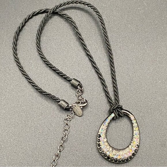 Lia Sophia Retired Black Cord Necklace w/ Sparkly Crystal Teardrop Oval Pendant - Picture 10 of 16
